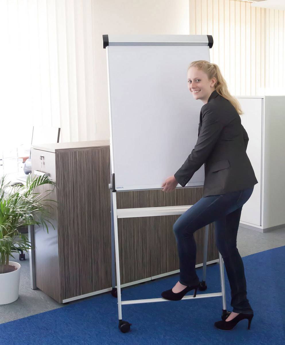 Žena v obleku stojí vedle prázdné flipchart tabule v kanceláři, usmívá se a drží stojan. V pozadí jsou vidět rostlina a skříně.