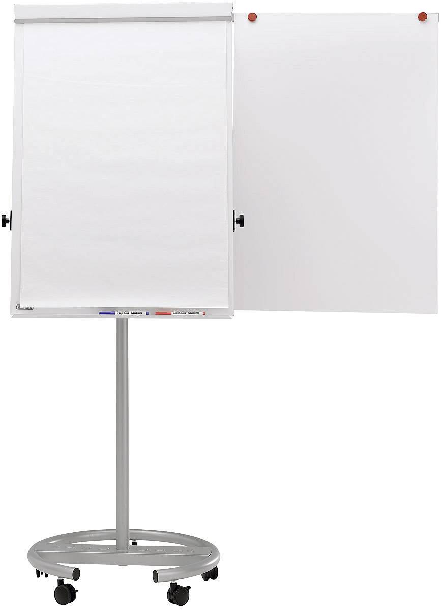 Flip chart na kolečkách s prázdnou papírovou stránkou a tabulí. Vhodný pro prezentace nebo schůzky.
