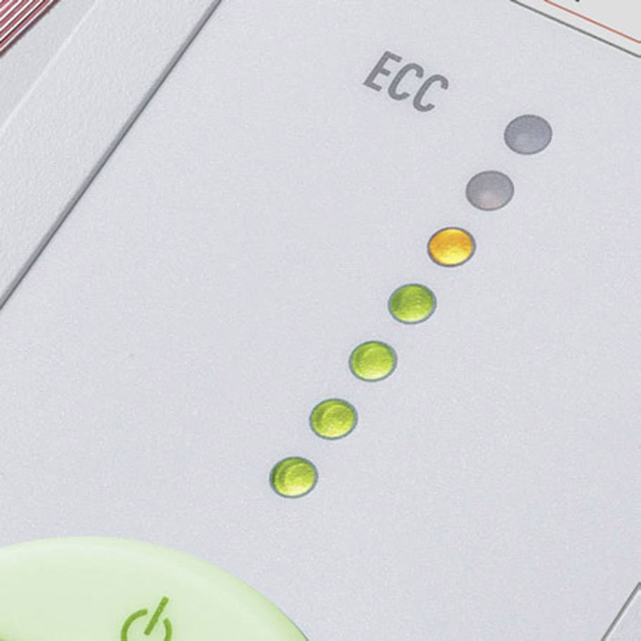 Indikátor LED stavového pruhu s označením 'ECC'. Zelené, žluté a červené světlo indikují provozní stav. Dole je umístěno zelené tlačítko.