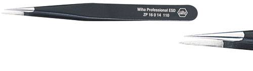 "Dva černé precizní pinzety, hlavní pinzeta s nápisem „Wiha Professional ESD" a detailní záběr její špičky."