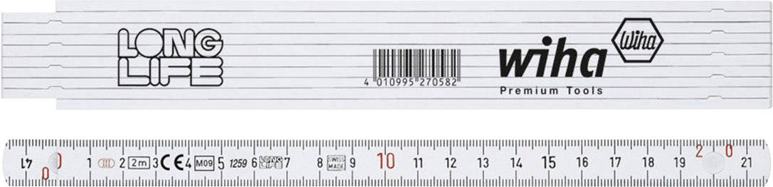 Dva skládací metry, jeden zobrazuje logo 'LONG LIFE' a 'Wiha Premium Tools', druhý metrickou měřítkovou stupnici od 1 do 21 cm.