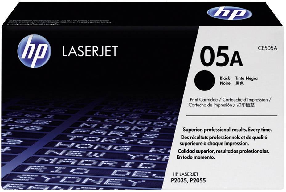 Černá tonerová kazeta HP LaserJet 05A. Kompatibilní s modely P2035 a P2055. Balení zdůrazňuje vysokou kvalitu tisku.