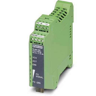Zelený modul sběrnicové lišty od Phoenix Contact pro přenos signálů, s připojovacími body a stavovými indikátory pro VCC, ACT, ERR, FO SIGNAL, FO ERR.