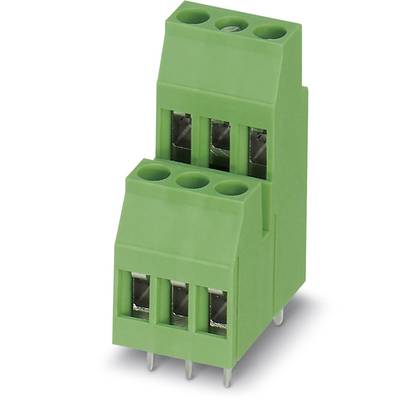 Zelený konektorový spoj se dvěma úrovněmi a třemi kontaktními zdířkami na každé úrovni, používaný pro elektrické propojení na tištěných spojích.