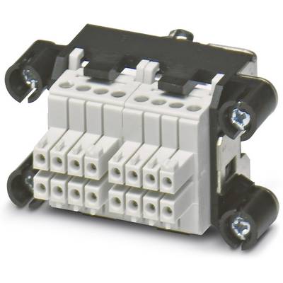 Bílý, obdélníkový elektrický konektor s několika připojovacími body a kovovými úchyty po stranách.