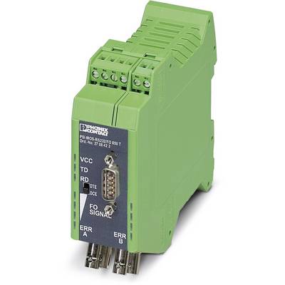 Zelený elektronický modul s několika konektory, včetně DB9 konektoru. Nápis "PSI-MOS-RS232/FO 850 T".