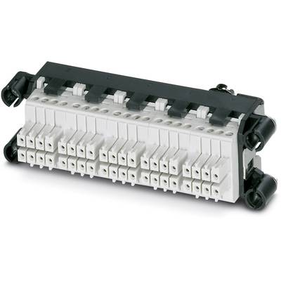 Bílý elektrický konektor s několika zdířkami uspořádanými do tří řad, umístěný na černé základně.