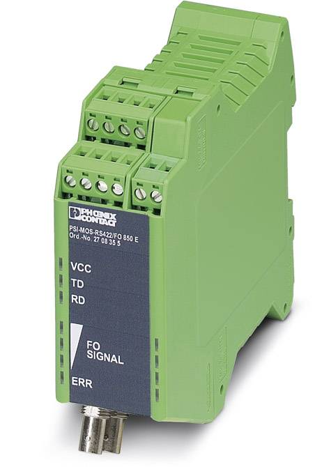 Zelený elektronický modul s nápisem 'VCC, TD, RD, FO SIGNAL, ERR', používaný pro přenos signálu a komunikaci.