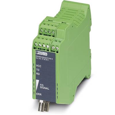 Zelený elektronický modul s nápisem 'VCC, TD, RD, FO SIGNAL, ERR', používaný pro přenos signálu a komunikaci.