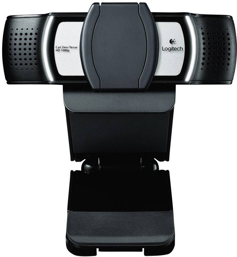 Černá webkamera Logitech s integrovaným mikrofonem, model 'Carl Zeiss Tessar HD 1080p', určená pro videokonference a streamování.