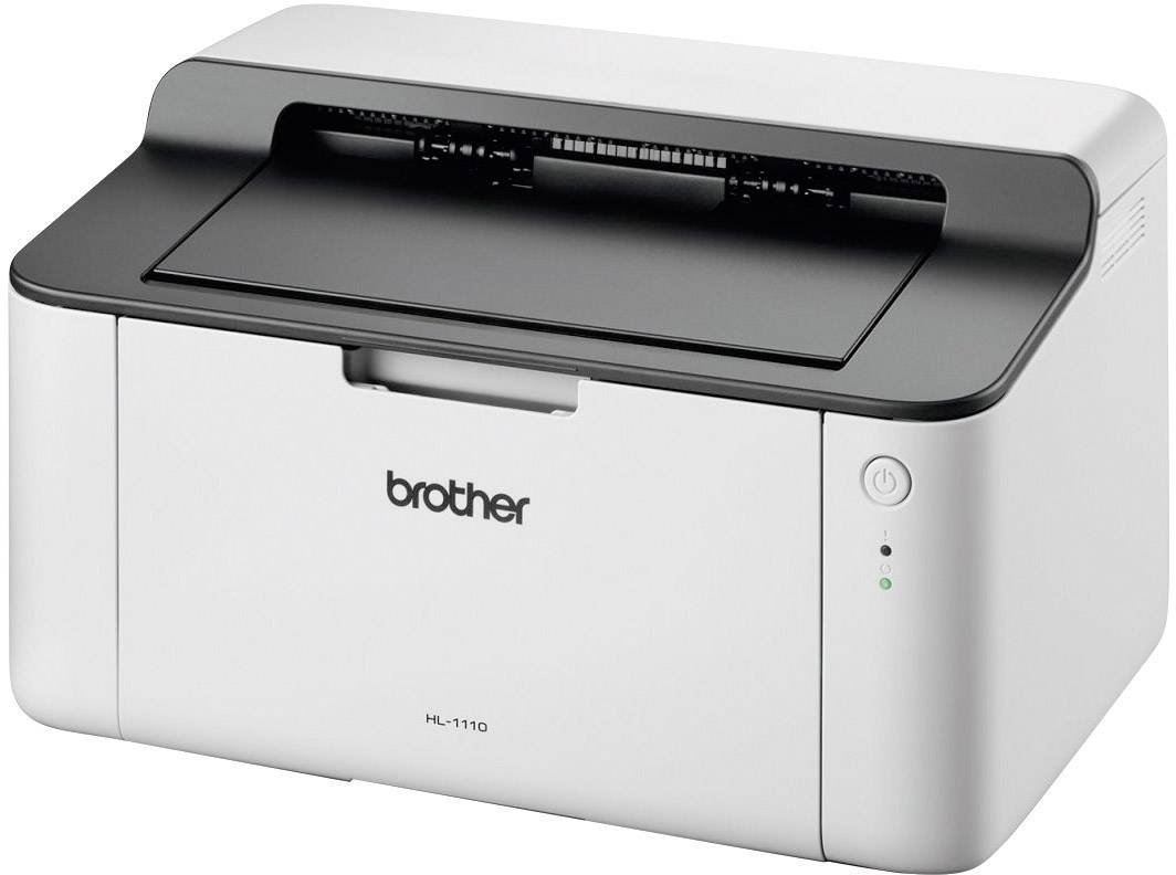 Bílá tiskárna s černým ovládacím panelem a logem 'brother' na přední straně. Model HL-1110.