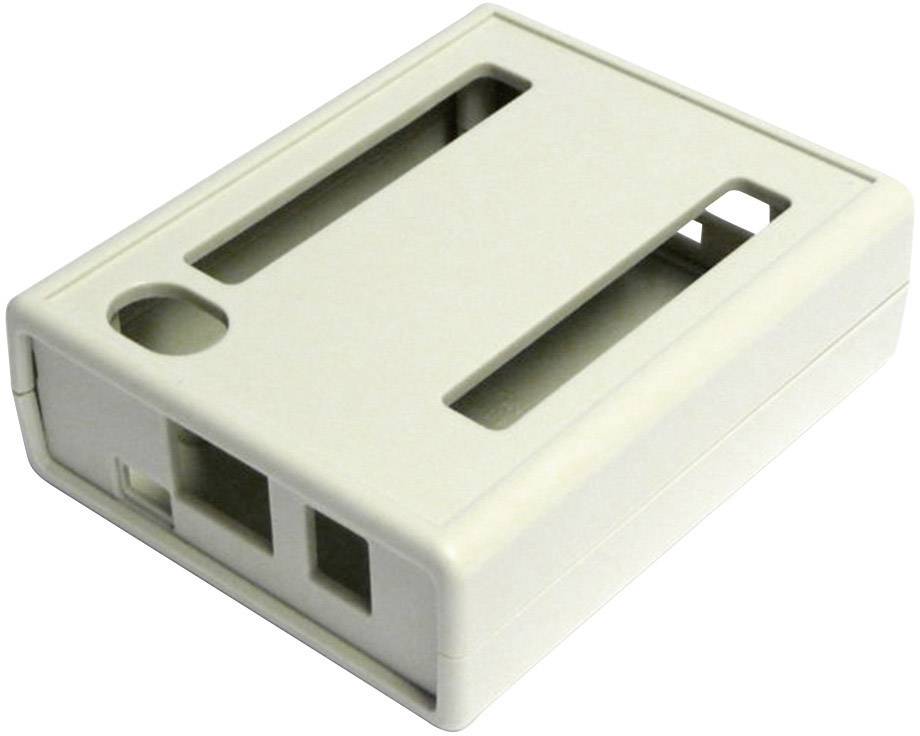 Obdélníkový, bílý plastový kryt s otvory a výřezy pro připojení, vhodný pro elektronické komponenty.