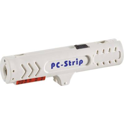 Bílý odizolovávací nástroj s nápisem 'PC-Strip', používaný ke stahování izolace z kabelů různých velikostí.