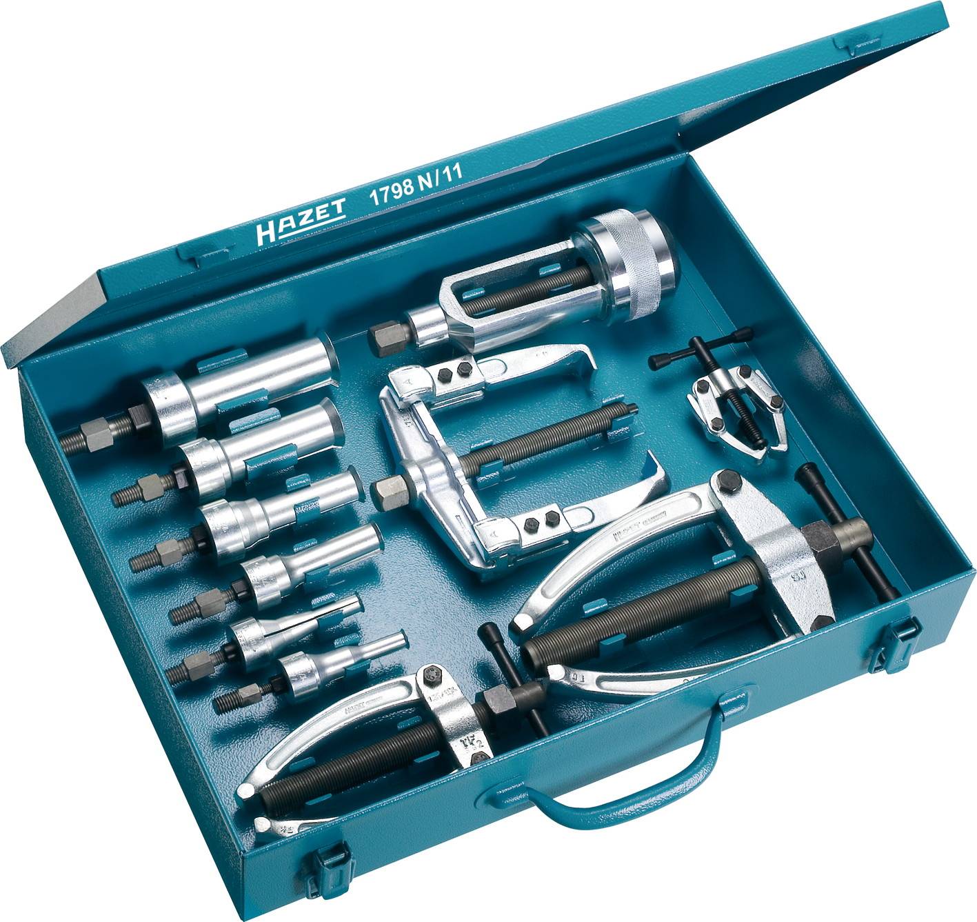 Kovový box s Hazet sadou stahovacích přípravků, skládající se z různých stříbrných a černých stahovacích nástrojů a příslušenství pro mechanické práce.