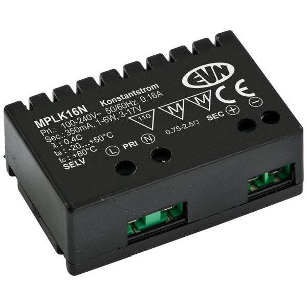 Černý LED driver MPLK16N s technickými specifikacemi: Vstup 100-240V, výstup 350mA, 16W, vhodný pro konstantní proudové aplikace.