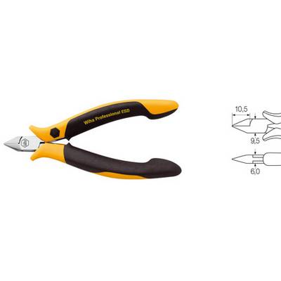 Žluto-černé boční štípací kleště s nápisem 'Wiha Professional ESD', vedle technický výkres s rozměry: délka 10,5 cm.