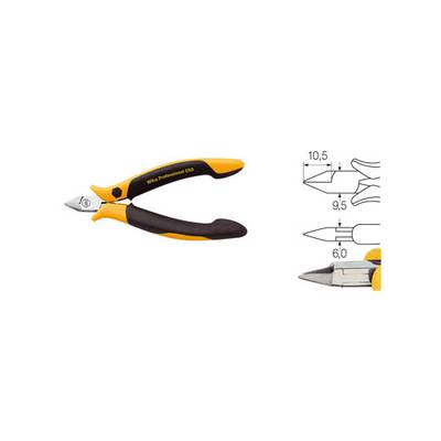Žluté a černé kleště s ergonomickou rukojetí. Vpravo je technický výkres s rozměry: délka 10,5 cm, šířka 9,5 cm, špička 6 cm.