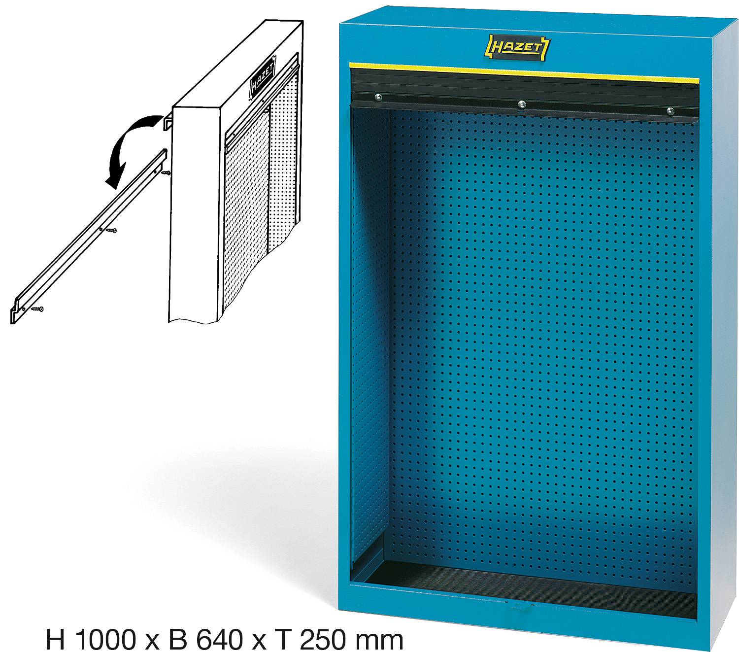Modrá nástrojová skříň s boční otevírací dveří. Rozměry: V 1000 x Š 640 x H 250 mm. Logo výrobce 'Hazet' umístěné nahoře na čelní straně skříně.