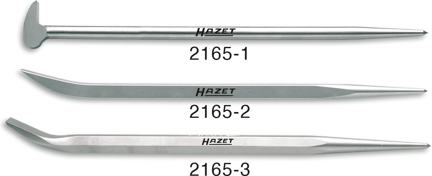 Tři různé sekáče HAZET: nahoře jeden s plochým hrotem, níže dva zahnuté varianty, všechny s čísly 2165-1, 2165-2, 2165-3.