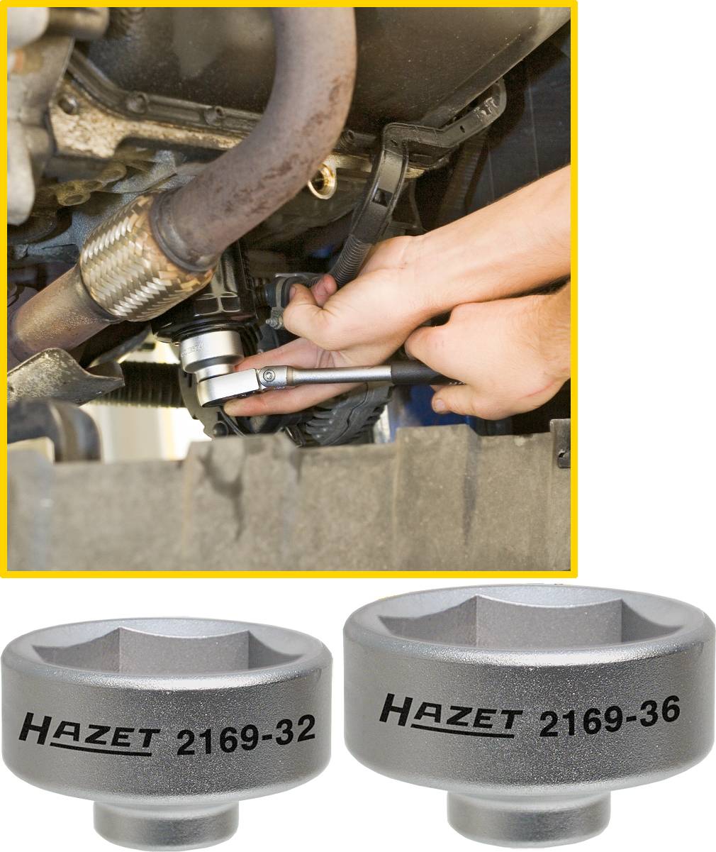 Dva speciální nástroje od Hazetu (2169-32 a 2169-36) se používají k demontáži víčka olejového filtru na motorovém vozidle.