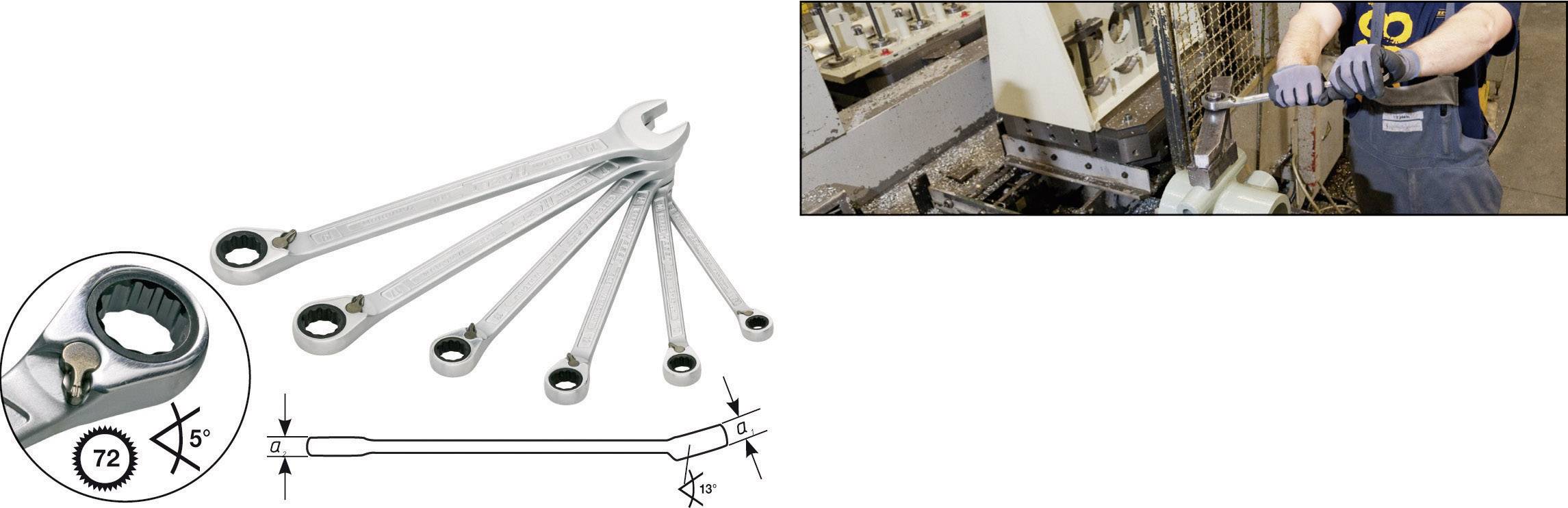 Ráčnová sada prstencových klíčů s šesti klíči, mechanismus s 72 zuby. Dělník používá jeden z klíčů na strojní součástce.