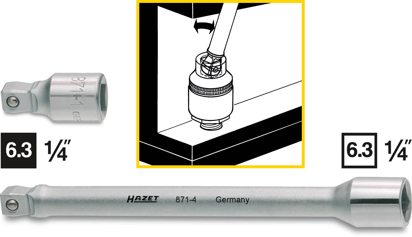 Prodloužený adaptér od Hazetu, model 871-4, s čtvercovým připojením 6,3 mm (1/4"). Vhodný pro použití v obtížně dostupných prostorech.