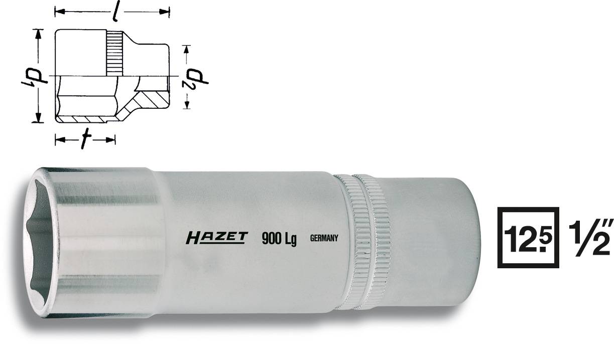 Nástrčný klíč Hazet, model 900 Lg, velikost 1/2", s technickými výkresovými detaily v horním levém rohu a původem z Německa.