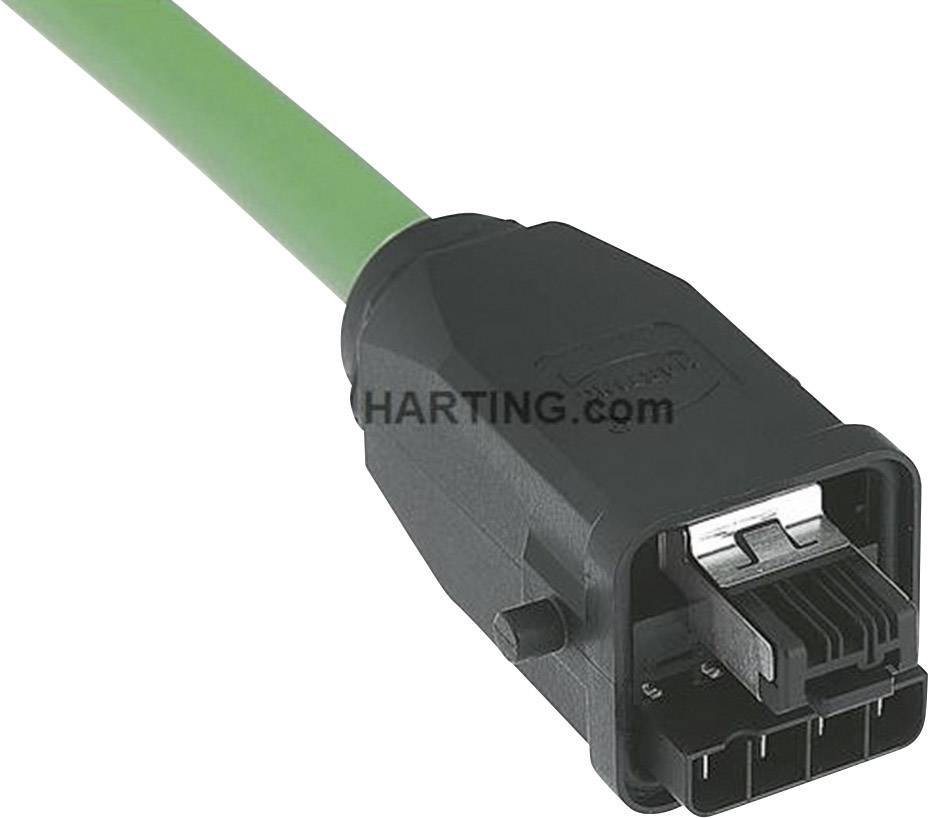 Zelený kabel končí v černém obdélníkovém konektoru s kovovými prvky. Na konektoru je napsáno 'HARTING.com'.