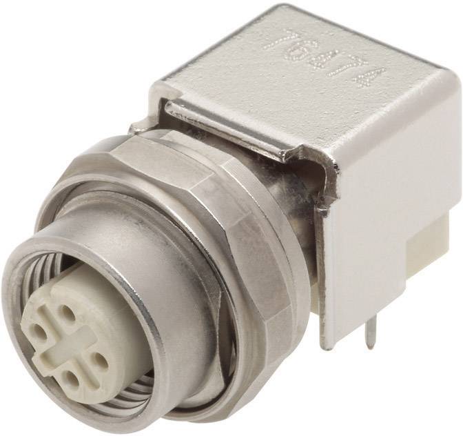 Kovový konektor s plastovou izolací a několika připojovacími kolíky. Používá se pro elektronické připojení.