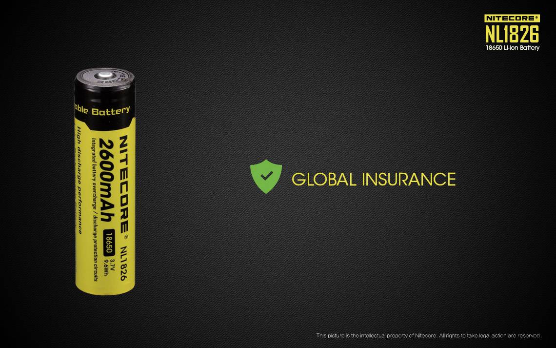 Žlutá lithium-iontová baterie Nitecore 18650 vedle textu 'Globální pojištění' a zeleného symbolu štítu.
