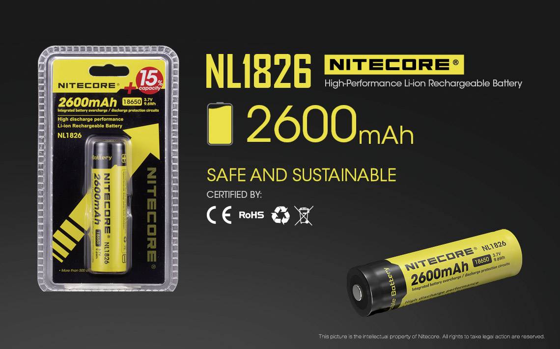 Lithium-iontová baterie Nitecore NL1826 s kapacitou 2600 mAh. Balení ukazuje RoHS a CE certifikaci pro udržitelnost.