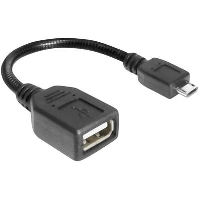 Černý USB OTG kabel se standardní USB zásuvkou na jedné straně a micro USB konektorem na straně druhé.