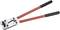 Kovové kleště s dvěma dlouhými červenými rukojeťmi, vhodné pro krimpování nebo jiné řemeslné práce.