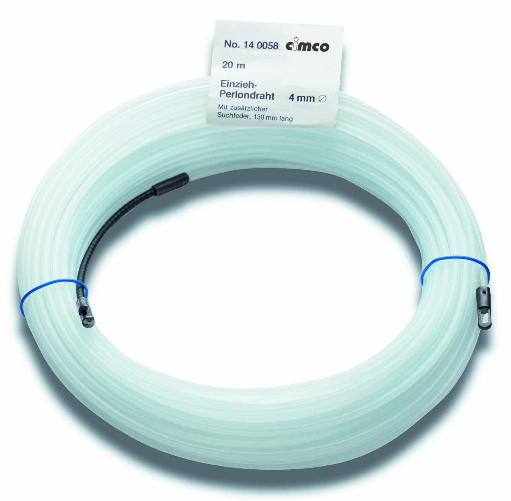 Bílý napínací periodický drát od CIMCO, 20 m dlouhý, 4 mm tlustý, s dodatečnou smyčkou 130 mm.