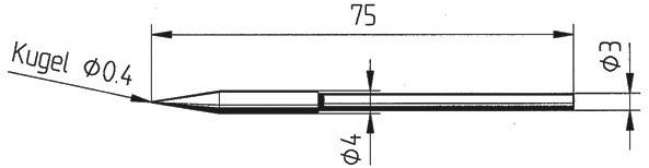 Technický výkres válcového obrobku. Délka: 75 mm, průměr: 3 mm, kulová špička: průměr 0,4 mm.