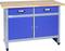 Modrý dílenský vozík z kovu s pracovní deskou z dřeva, dvěma zásuvkami a dvěma uzamykatelnými dvířky, volně stojící.