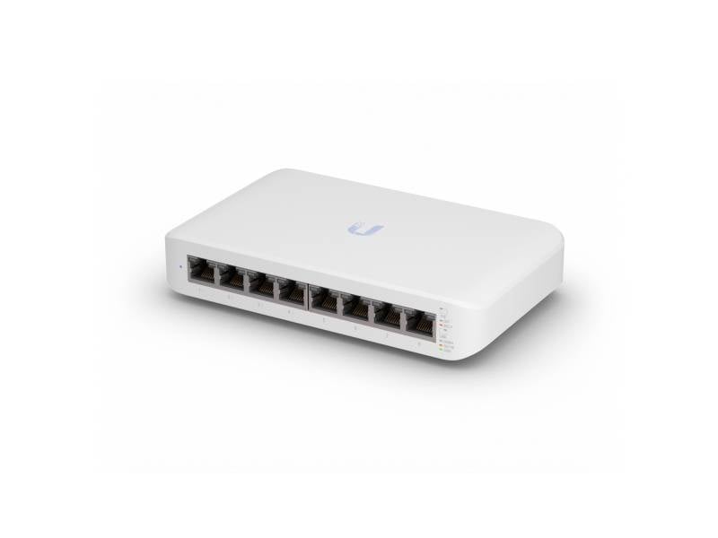 Bílý síťový switch s osmi ethernetovými porty a stavovými indikátory na přední straně, od známé technologické značky.