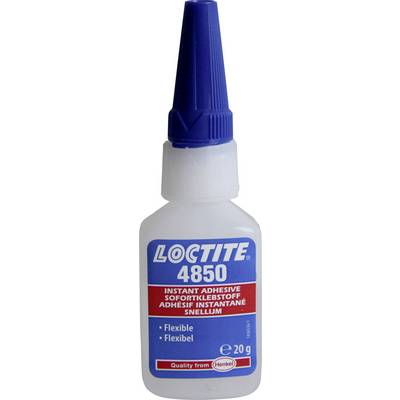 Lahvička Loctite 4850 okamžitého lepidla s modrým uzávěrem, 20 gramů. Láhev zobrazuje logo a produktové informace.