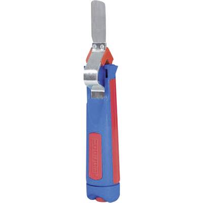 Modro-červený odizolovač kabelů. Nástroj má úzkou kovovou čepel a ergonomickou rukojeť.
