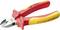 Boční štípací kleště s červeným a žlutým držadlem, vhodné pro práce s napětím až do 1000 V.