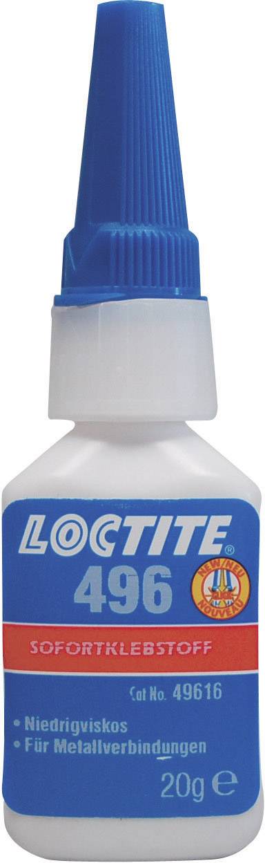 Obrázek ukazuje láhev okamžitého lepidla 'Loctite 496', vhodného pro kovové spoje, s modro-bílým štítkem.
