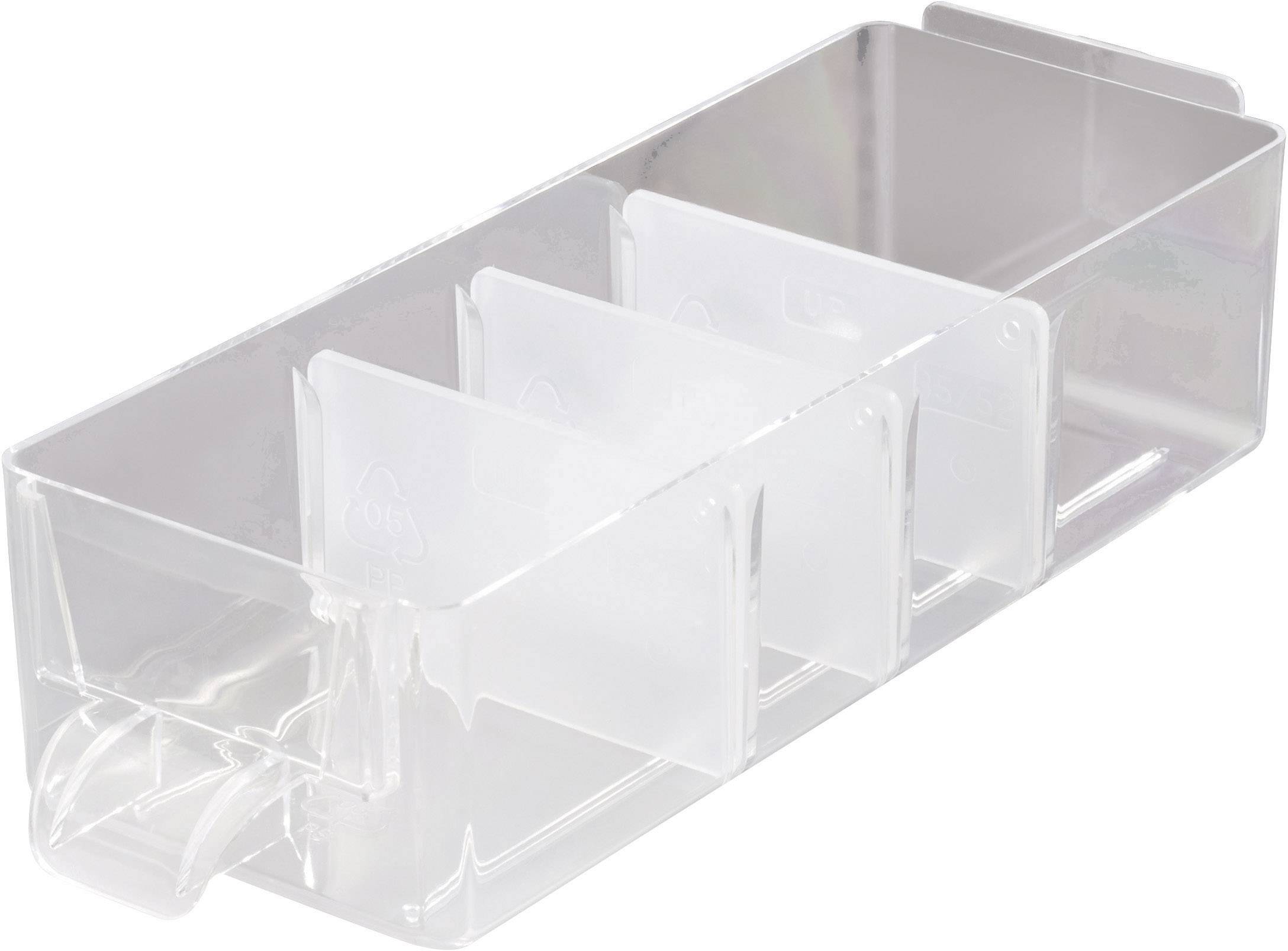Průhledný plastový box se čtyřmi přihrádkami, vhodný pro ukládání malých předmětů nebo pro organizační účely.