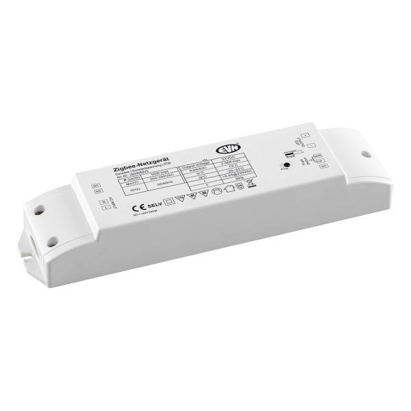 Bílé Zigbee řídicí zařízení s technickými detaily a symboly na povrchu. Obdélníkový tvar, určené pro inteligentní osvětlení.