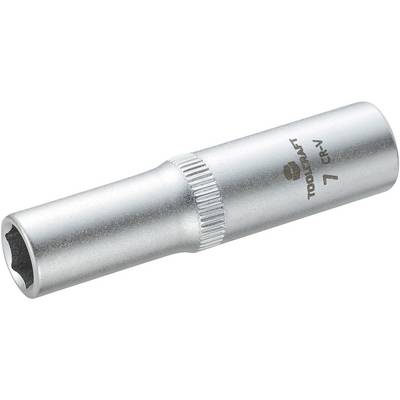 Nástrčný klíč, velikost 7 mm, označený štítkem 'TOOLCRAFT 7 CR-V', vyrobený z kovu v cylindrickém tvaru.