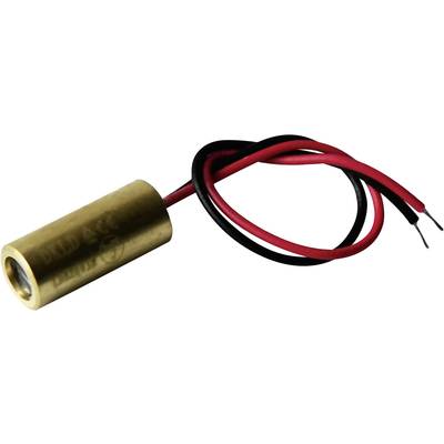 Malý válcovitý, zlatě zbarvený laser se dvěma kabely, jedním červeným a jedním černým, míří v protilehlých směrech.
