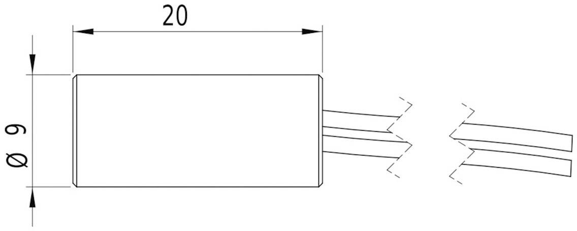 Technický výkres obdélníkové součástky o rozměrech 20x9 mm, opatřené třemi vycházejícími kabely vpravo.