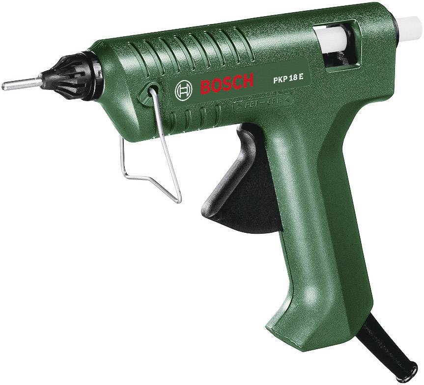 Pistole na horké lepení Bosch PKP 18 E v zelené barvě s černou rukojetí. Vhodná pro přesné lepení různých materiálů.