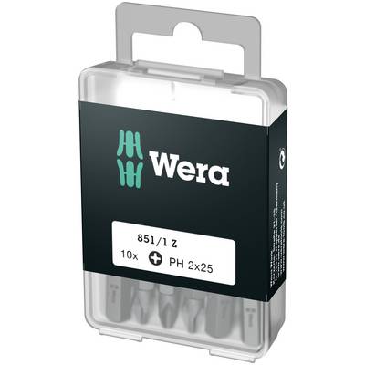 Průhledný plastový box s deseti šroubovacími nástavci Wera 851/1 Z PH2, vhodný pro křížové šrouby, délka 25 mm.