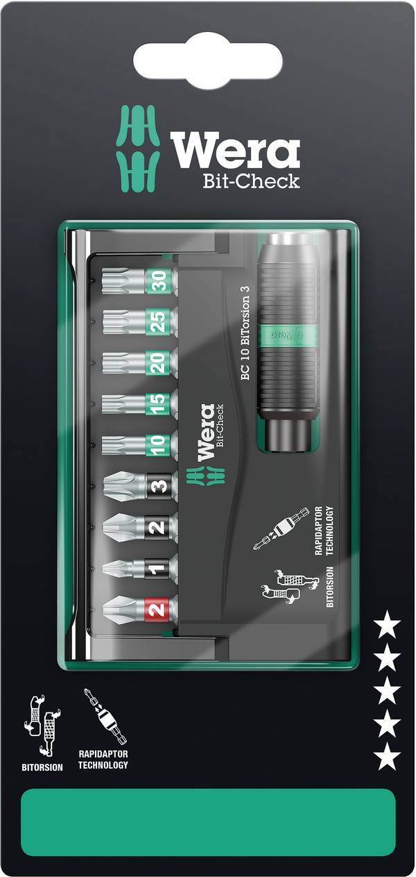 Wera 8757-9/BTZ Rapidaptor 05073418001 sada bitů, 10dílná, křížový PH, křížový PZ, TORX, 1/4" (6,3 mm)