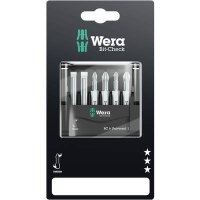 Sada bitů Wera Bit-Check BC 6 Universal 1 obsahující šest různých šroubovacích bitů. Vybavena torzní technologií pro zvýšenou trvanlivost.